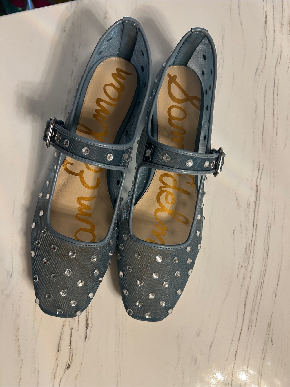 Sam Edelman Steel Blue Jeweled Mary Jane Flats